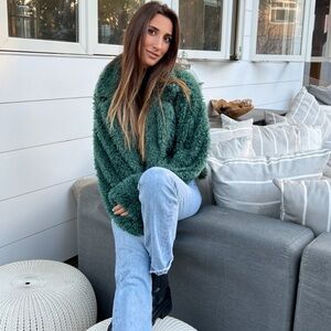 Dark green slightly cropped soft fur jacket